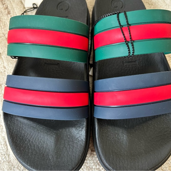 NWT Authentic Gucci Signature Green/Blue/Red Double Web Slippers Men 5 Women 8 - Picture 2 of 7